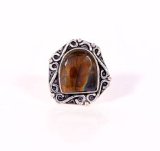 Handcrafted Oxidized Plated Ring with Oval Tiger Eye Gemstone for Women